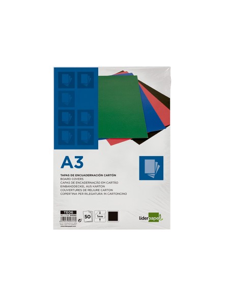 Tapa encuadernacion liderpapel carton a3 1mm negra paquete de 50 unidades