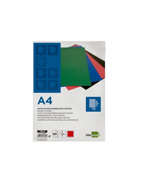 Tapa encuadernacion liderpapel carton a4 1mm roja paquete de 50 unidades