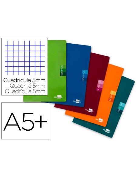 Libreta liderpapel scriptus a5 plus 48 hojas 90g/m2 cuadro 5mm con margen colores surtidos