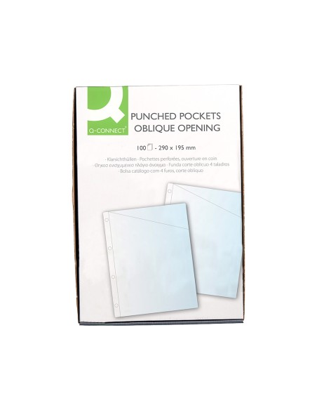 Funda q-connect corte oblicuo 290x195 mm cristal 4 taladros pvc 90 mc caja de 100 unidades