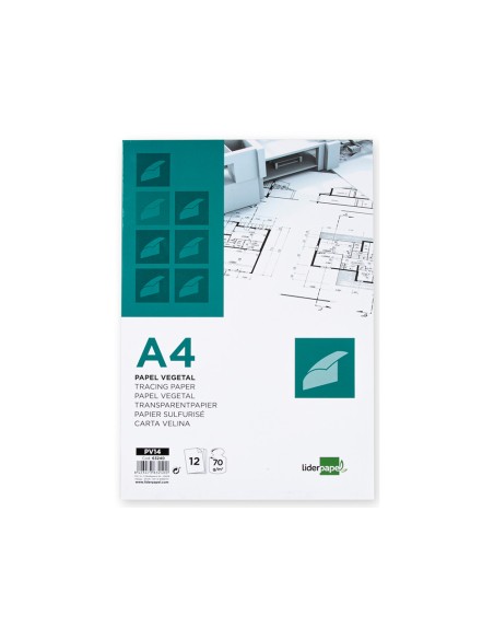 Papel dibujo liderpapel a4 210x297mm 70g/m2 vegetal sobre de 12 hojas