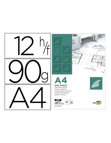 Papel dibujo liderpapel a4 210x297mm 90g/m2 vegetal sobre de 12 hojas