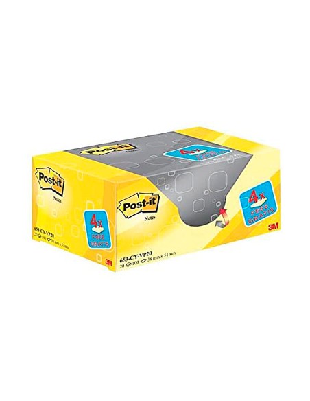 Bloc de notas adhesivas quita y pon post-it amarillo canario 76x76 mm pack promocional 16+4 gratis