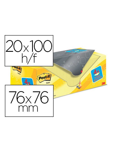 Bloc de notas adhesivas quita y pon post-it amarillo canario 76x76 mm pack promocional 16+4 gratis