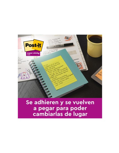Bloc de notas adhesivas quita y pon post-it super sticky 152x101 mm con 45 hojas pack de 4 unidades colores neon