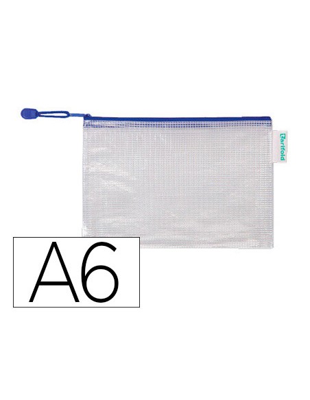 Bolsa multiusos tarifold pvc din a6 apertura superior con cremallera portaboligrafo y correa azul