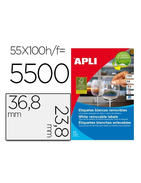 Etiqueta adhesiva apli 36,8x23,8 mm fotocopiadora laser inkjet caja 100 hojas din a4 con 5500 etiquetas