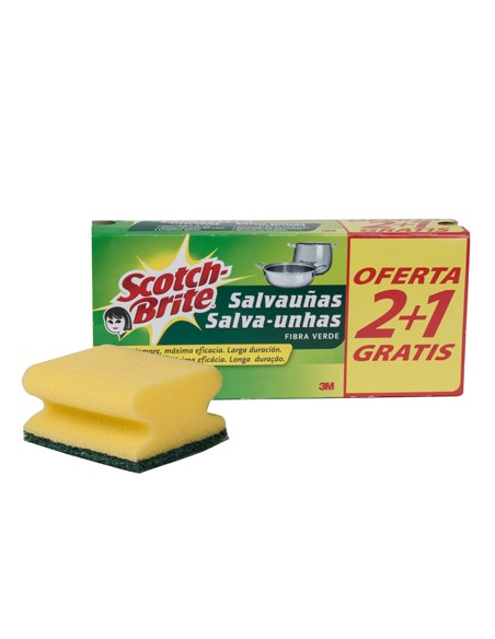 Estropajo salvauñas scotch brite fibra verde paquete 3x2