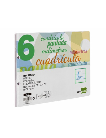 Recambio liderpapel cuarto apaisado pautaguia 100 hojas 75 g cuadriculado pautado 6 mm con margen 2 taladros