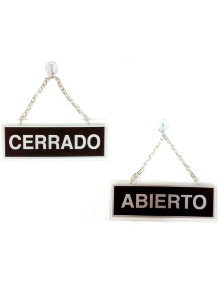 Letrero metalico serigrafiado abierto y cerrado con cadena y ventosa para colgar de 74x232 mm