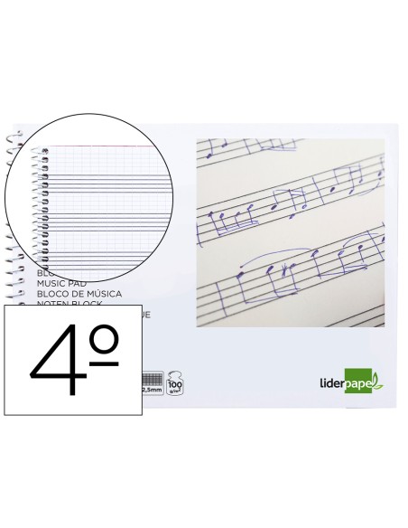 Bloc musica liderpapel combi pentagrama cuadriculado 2,5mm cuarto 20 hojas 100g/m2