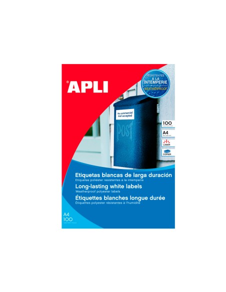 Etiquetas adhesivas apli 12121 tamaño 210x297 mm poliester resistente a la interperie impresion laser