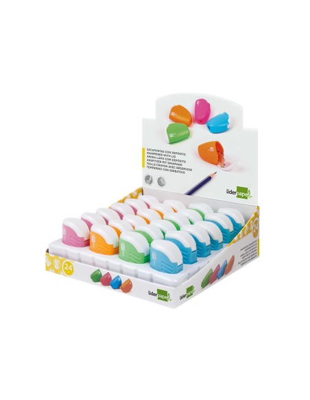 Sacapuntas liderpapel plastico 1 uso con deposito colores surtidos