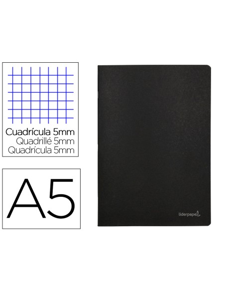 Libreta liderpapel tapa negra a5 80 hojas 60g/m2 cuadro 5mm con doble margen