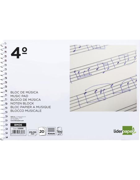 Bloc musica liderpapel pentagrama 4mm cuarto 20 hojas 100g/m2