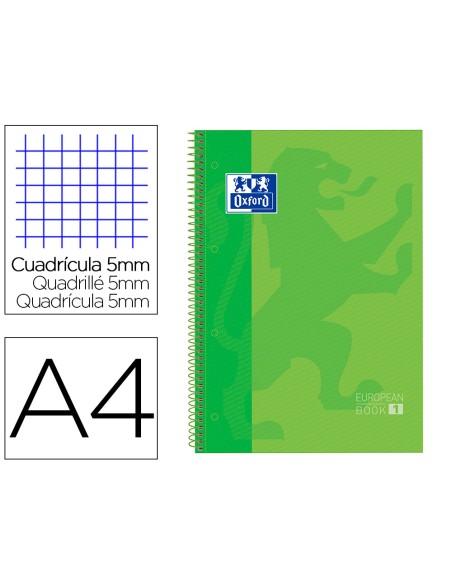 Bloc espiral oxford tapa extradura microperforado din a4 80 hojas cuadros 5mm color verde