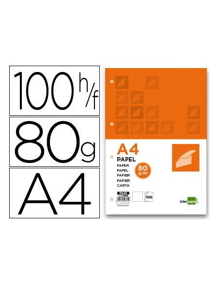 Papel liderpapel a4 80g/m2 liso 4 taladros...