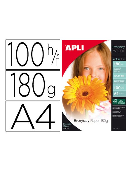 Papel fotografico apli glossy din a4 pack 100 hojas de 180 gr