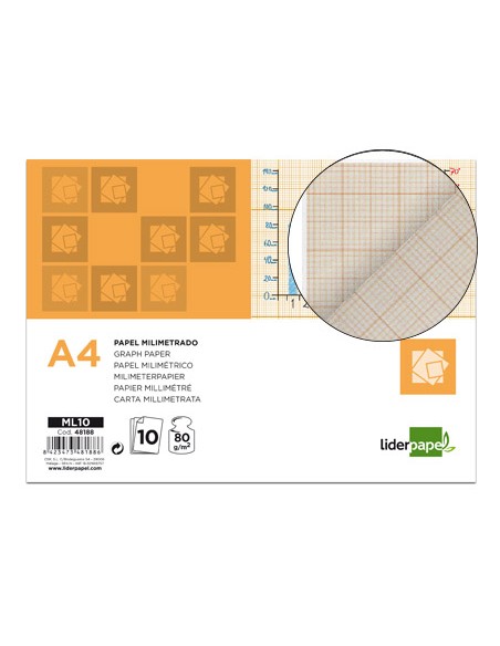 Papel dibujo liderpapel 210x297mm 80g/m2 milimetrado pack de 10 hojas