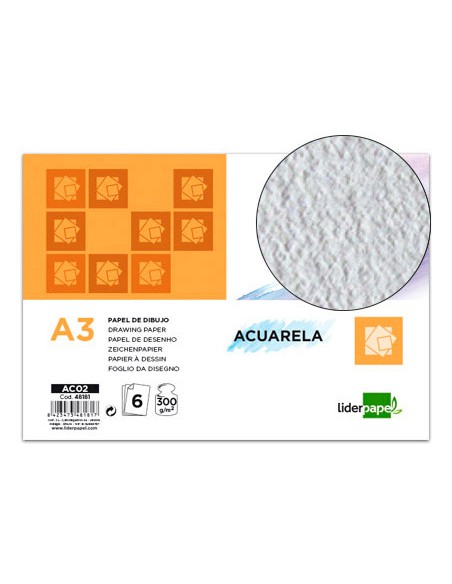 Papel dibujo liderpapel 297x420mm 300g/m2 acuarela pack de 6 hojas