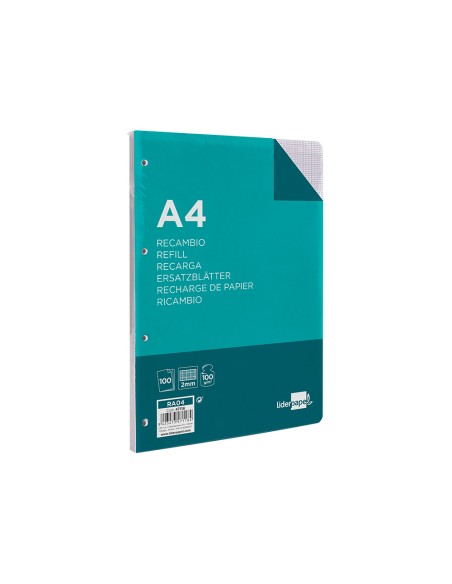 Recambio liderpapel a4 100 hojas 100g/m2 cuadro 2mm con margen 4 taladros