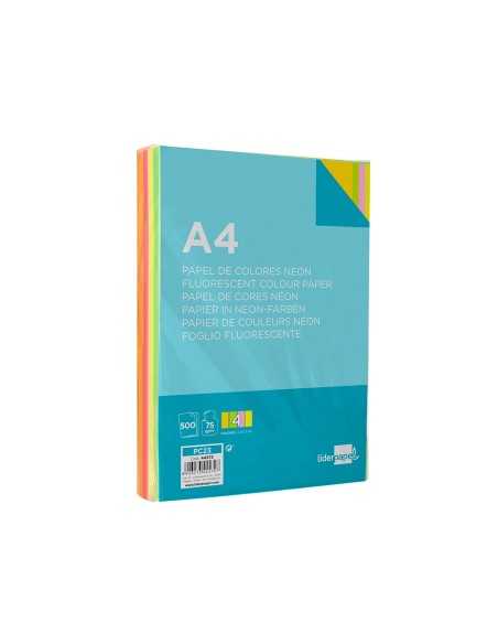 Papel color liderpapel a4 75gr neon 4 colores surtidos paquete de 500 hojas