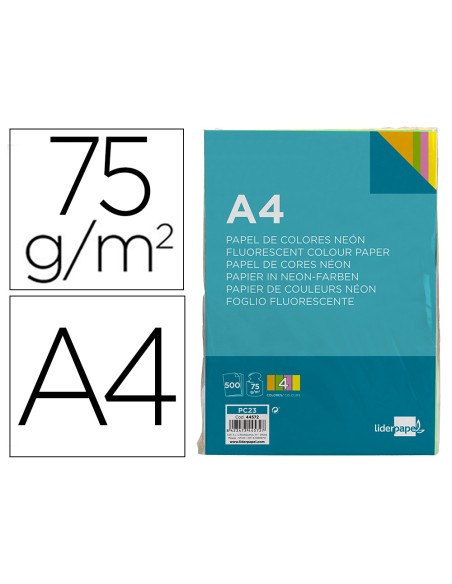 Papel color liderpapel a4 75gr neon 4 colores surtidos paquete de 500 hojas