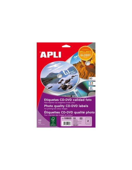 Etiqueta adhesiva apli 10603 tamaño cd-rom 117 mm para fotocopiadora laser ink-jet caja con 10 hojas/20 etiquetas