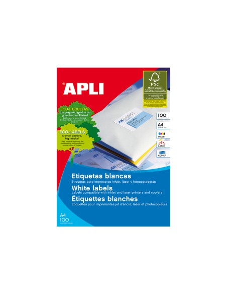Etiqueta adhesiva apli 1299 tamaño 105x29 mm para fotocopiadora laser ink-jet caja con 100 hojas din a4