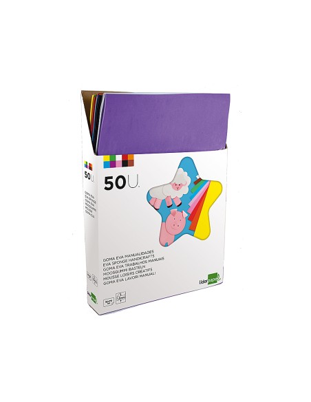 Goma eva liderpapel expositor de 50 planchasx10 colores surtidos 50x70 cm 1,5 mm espesor