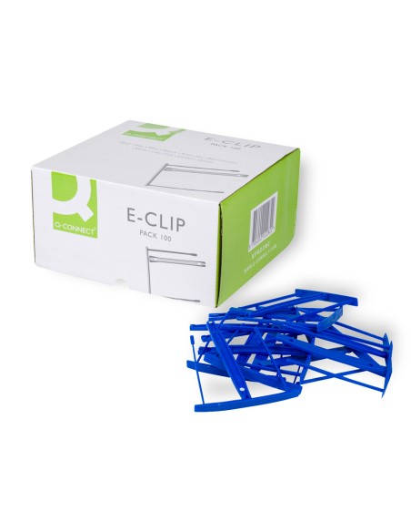 Encuadernador fastener q-connect plastico e-clips color azul caja de 100 unidades