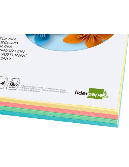 Cartulina liderpapel a4 180g/m2 4 colores surtidos paquete de 100 hojas