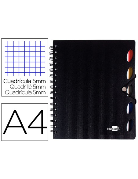 Cuaderno espiral liderpapel a4 micro executive tapa plastico 100h 80 gr cuadro 5mm 5 separadores con gomilla negro