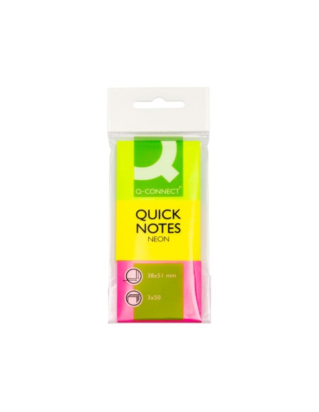 Bloc de notas adhesivas quita y pon q-connect 38x51 mm neon pack de 3 unidades con 50 hojas por color