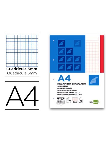Bloc encolado liderpapel cuadro 5mm rojo a4...