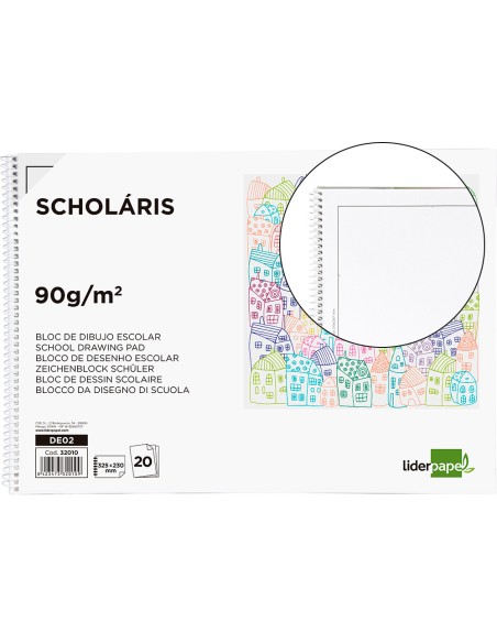 Bloc dibujo liderpapel escolar espiral 230x325mm 20 hojas 90 gr/m2 con recuadro