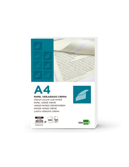 Papel verjurado liderpapel a4 120g/m2 crema paquete de 100 hojas