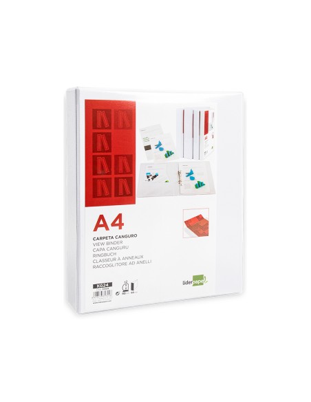 Carpeta canguro 2 anillas mixtas 40mm liderpapel a4 plastico blanca