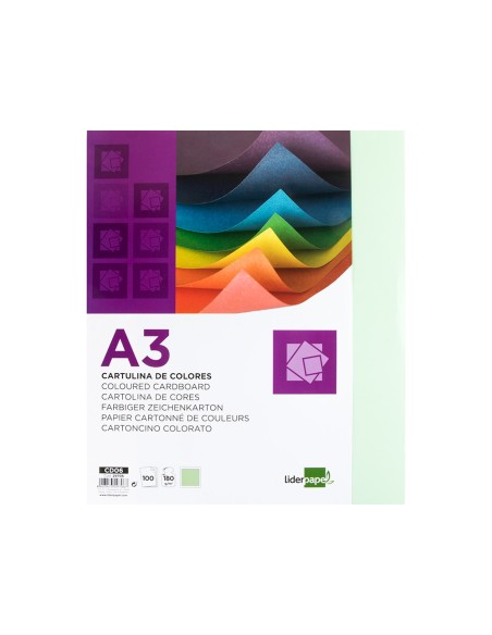 Cartulina liderpapel a3 180g/m2 verde paquete de 100 hojas