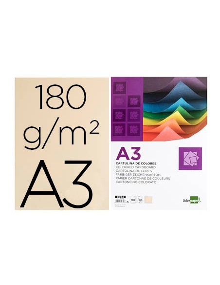 Cartulina liderpapel a3 180g/m2 crema paquete...