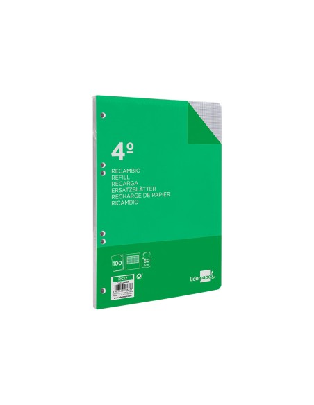 Recambio liderpapel cuarto 100 hojas 60g/m2 milimetrado sin margen 6 taladros