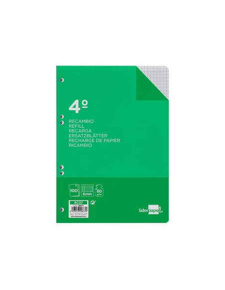 Recambio liderpapel cuarto 100 hojas 60g/m2 cuadro 6mm con margen 6 taladros