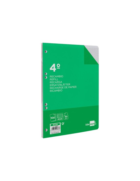 Recambio liderpapel cuarto 100 hojas 60g/m2 cuadro 4mm con margen 6 taladros