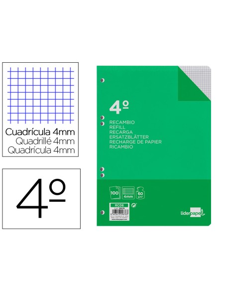 Recambio liderpapel cuarto 100 hojas 60g/m2 cuadro 4mm con margen 6 taladros
