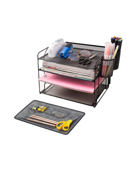 Organizador sobremesa bandeja metalica q-connect rejilla negra con 4 departamentos 320x35x155 mm