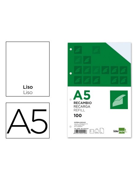 Recambio liderpapel a5 100h 100g/m2 liso doble...
