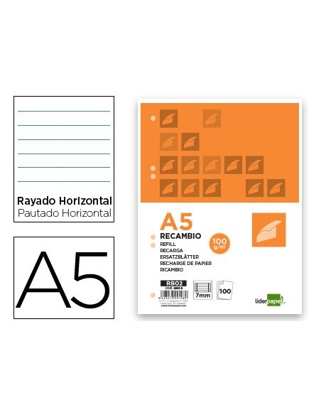 Recambio liderpapel a5 100 h 100g/m2 horizontal...