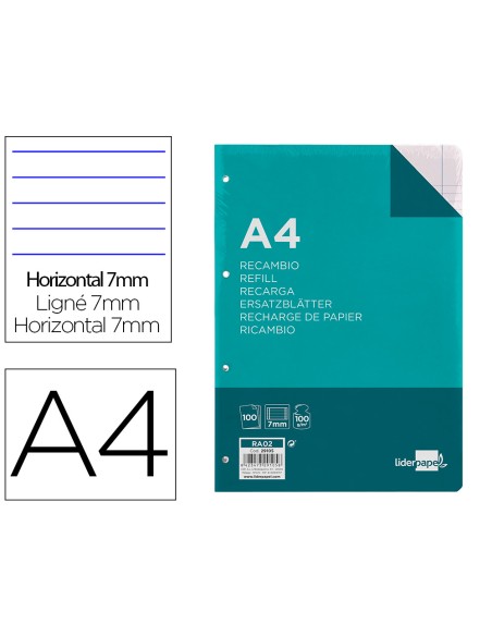 Recambio liderpapel a4 100 hojas 100g/m2 horizontal con doble margen 4 taladros