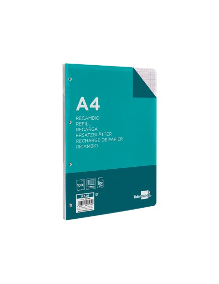 Recambio liderpapel a4 100 hojas 100g/m2 cuadro 5mm con margen 4 taladros