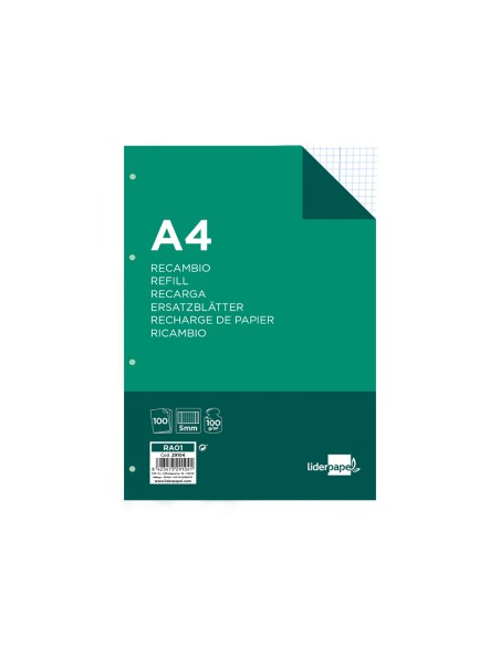 Recambio liderpapel a4 100 hojas 100g/m2 cuadro 5mm con margen 4 taladros